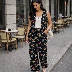 Vintage Black Floral Two-Piece Set – Wide Leg Pants & Button Front Blouse